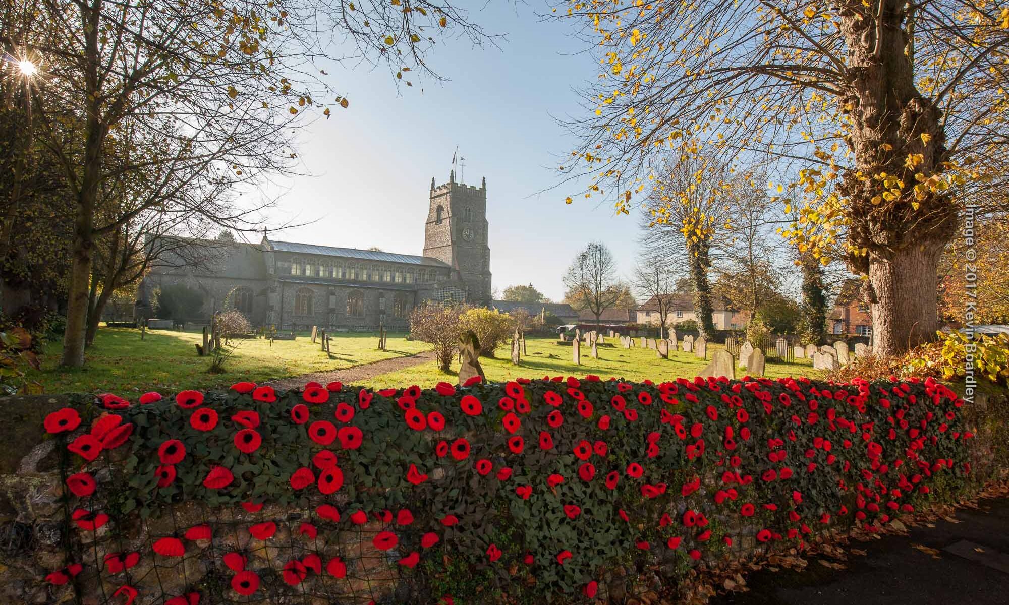 St Mary's Walsham le Willows, church wall adorned with poppies for Armistace Day